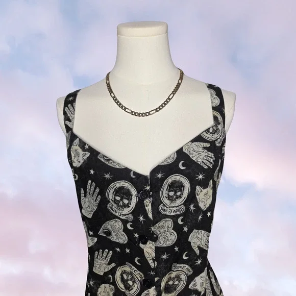Handmade Black Ouija Board Witchy Vampy Gothic Celestial Summer Spaghetti Dress - Picture 2 of 6